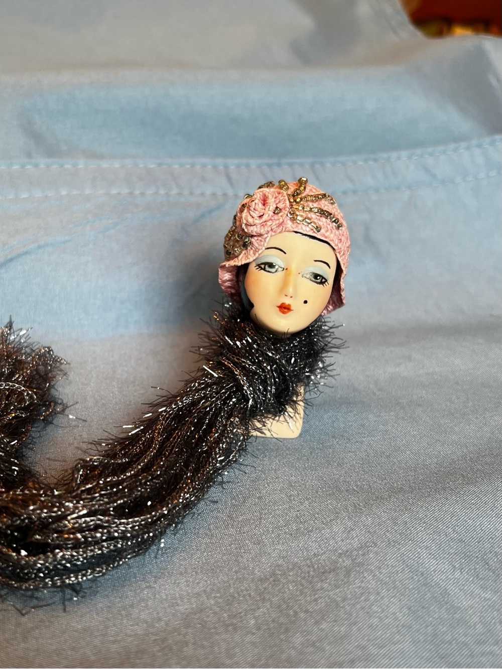 Vintage Flapper Head Scarf Doll head - Pink & Black